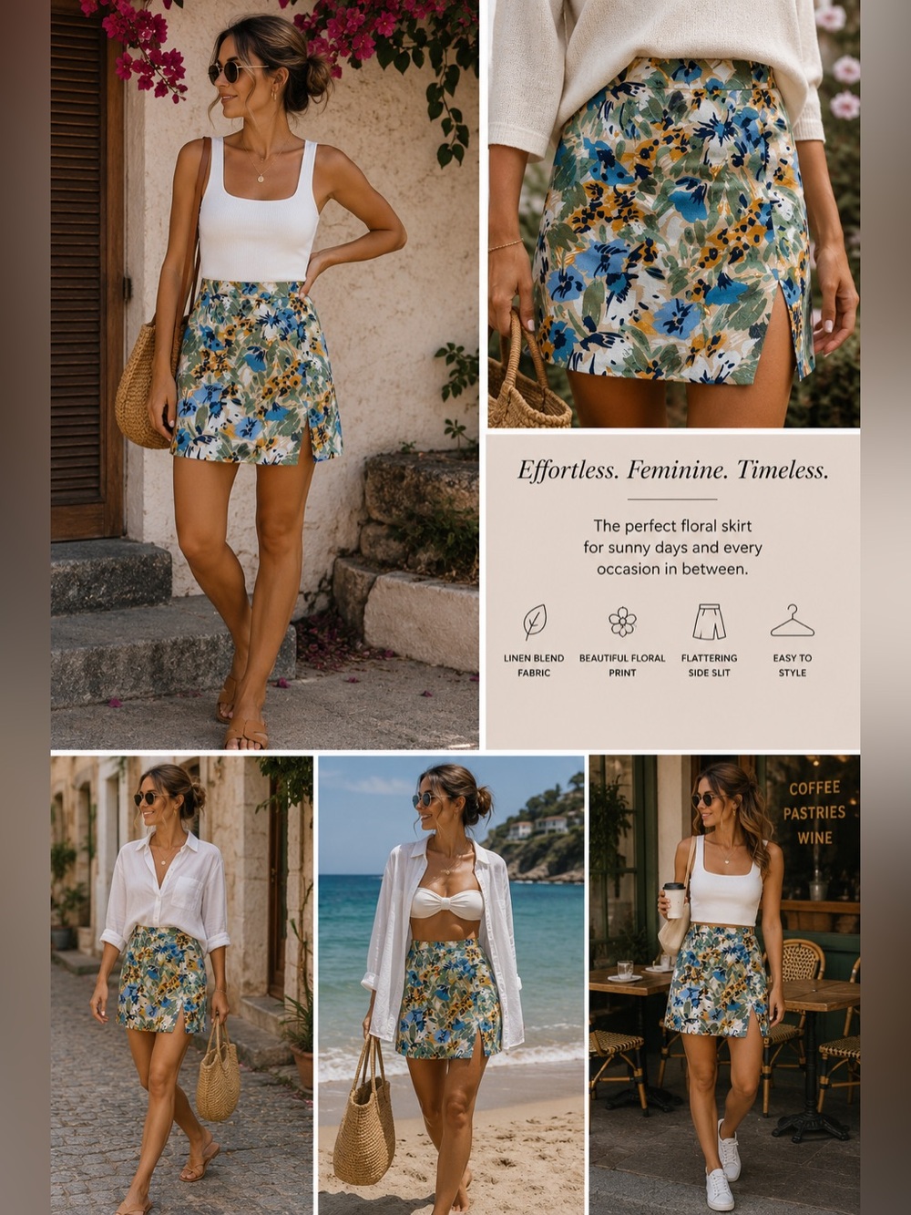 Lulus Floral Linen Blend Mini Skirt Small | Blue Sage Mustard Side Slit